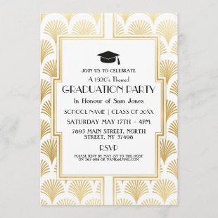 1920s Art Deco White Gold Graduation Party Gatsby Invitation