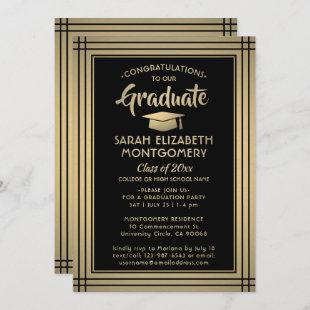 1 Photo Black and Gold Faux Foil Modern Graduation Invitation