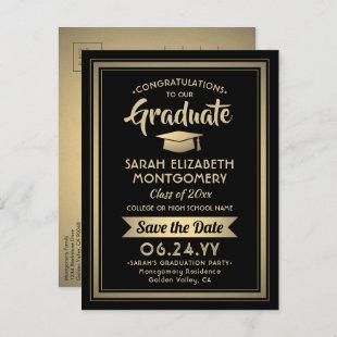 1 Photo Black and Gold Graduation Save the Date Announcement Postcard