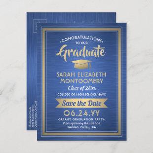 1 Photo Blue Gold Modern Graduation Save the Date Announcement Postcard