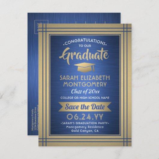 1 Photo Blue Gold White Graduation Save the Date Announcement Postcard