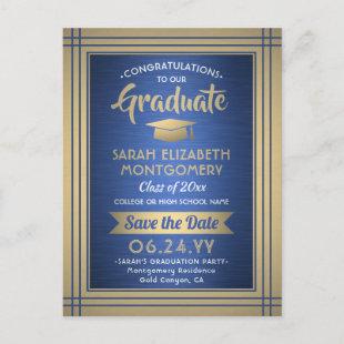 1 Photo Blue Gold White Graduation Save the Date Announcement Postcard