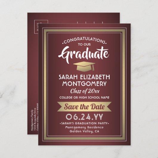 1 Photo Burgundy and Gold Graduation Save the Date Announcement Postcard