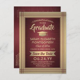 1 Photo Burgundy Red Gold Graduation Save the Date Announcement Postcard