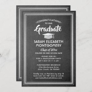 1 Photo Chalkboard Black White & Silver Graduation Invitation