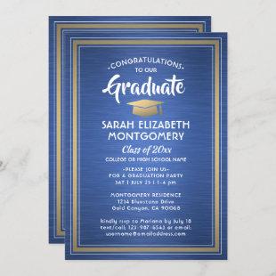 1 Photo Elegant Blue Gold and White Graduation Invitation