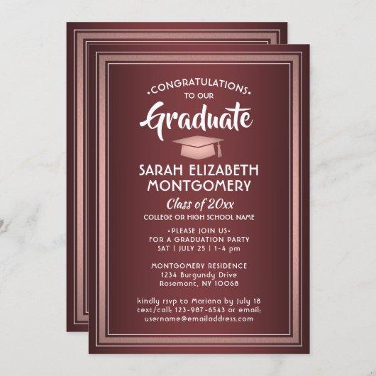 1 Photo Elegant Burgundy Pink Rose Gold Graduation Invitation