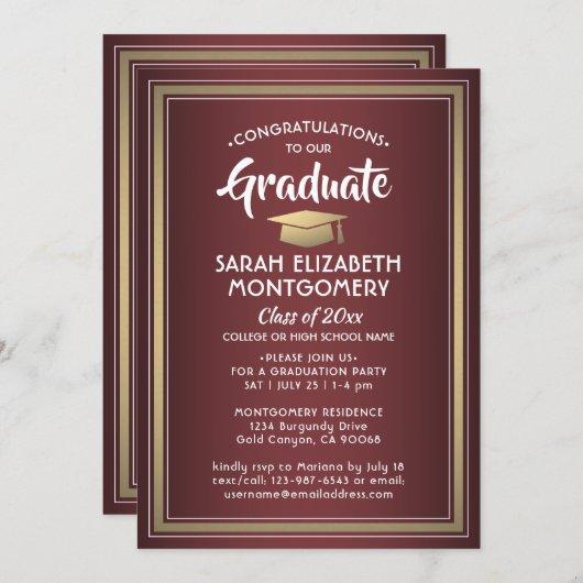 1 Photo Elegant Burgundy Red and Gold Graduation Invitation