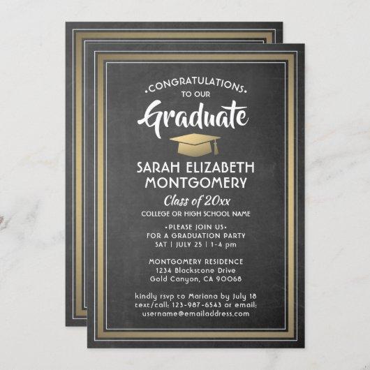 1 Photo Elegant Chalkboard Black & Gold Graduation Invitation