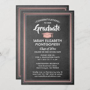 1 Photo Elegant Chalkboard & Rose Gold Graduation Invitation