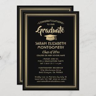 1 Photo Elegant Congrats Black and Gold Graduation Invitation
