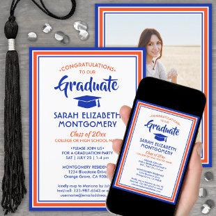 1 Photo Elegant Congrats Orange & Blue Graduation Invitation