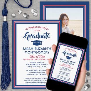 1 Photo Elegant Congrats Red White Blue Graduation Invitation