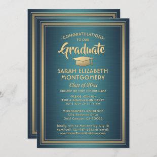 1 Photo Elegant Congrats Teal and Gold Graduation Invitation