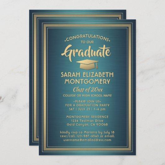 1 Photo Elegant Congrats Teal and Gold Graduation Invitation