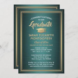 1 Photo Elegant Green Gold and White Graduation Invitation
