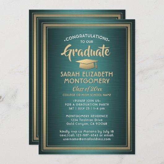 1 Photo Elegant Green Gold and White Graduation Invitation