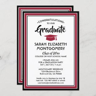 1 Photo Elegant Modern Red Black White Graduation Invitation