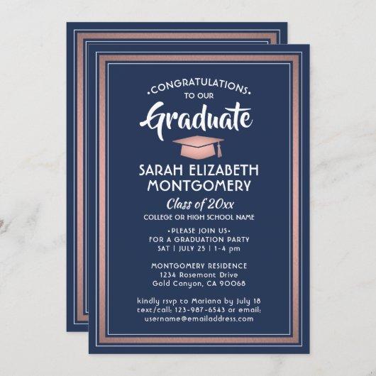 1 Photo Elegant Navy and Pink Rose Gold Graduation Invitation