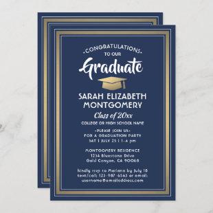 1 Photo Elegant Navy Blue Gold & White Graduation Invitation