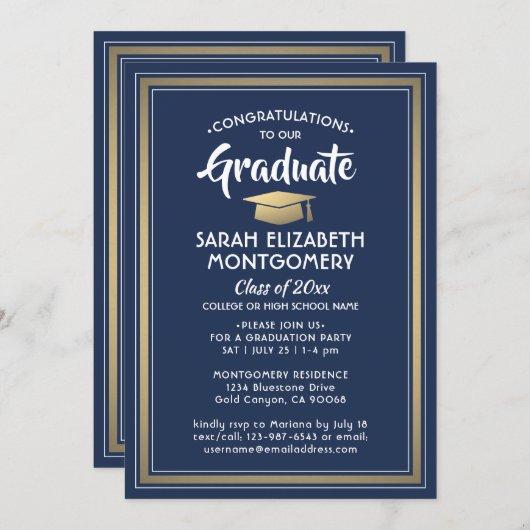 1 Photo Elegant Navy Blue Gold & White Graduation Invitation