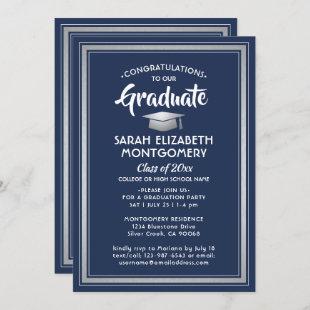 1 Photo Elegant Navy Blue White Silver Graduation Invitation