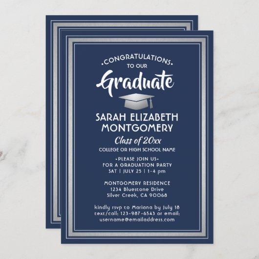 1 Photo Elegant Navy Blue White Silver Graduation Invitation