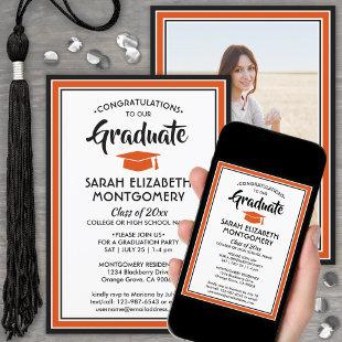 1 Photo Elegant Orange Black and White Graduation Invitation
