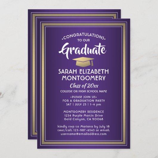 1 Photo Elegant Purple Gold and White Graduation Invitation