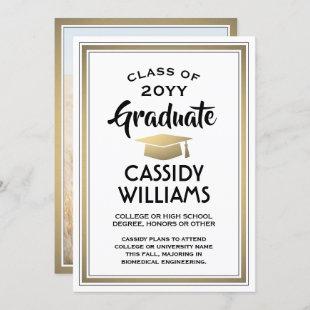 1 Photo Elegant Simple White Black Gold Graduation Announcement