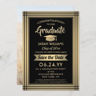 1 Photo Graduation Black and Gold Faux Foil Modern Save The Date