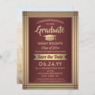 1 Photo Graduation Burgundy Gold Maroon Red Modern Save The Date