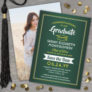 1 Photo Graduation Elegant Green & Gold Yellow Save The Date