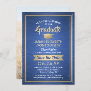 1 Photo Graduation Elegant Modern Blue White Gold Save The Date