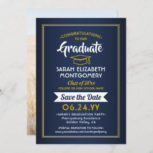 1 Photo Graduation Elegant Navy Blue & Gold Yellow Save The Date