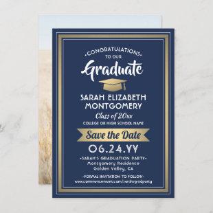 1 Photo Graduation Elegant Navy Blue White & Gold Save The Date
