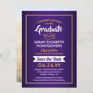 1 Photo Graduation Elegant Purple & Gold Yellow Save The Date