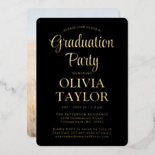 1 Photo Graduation Party Elegant Black and Gold Foil Invitation
