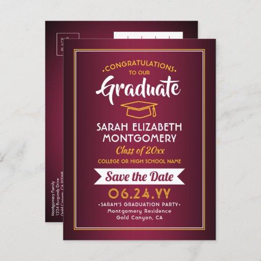 1 Photo Maroon Red & Gold Graduation Save the Date Announcement Postcard