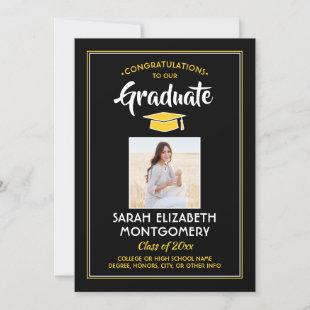 1 Photo Modern Black Gold Yellow White Graduation Invitation