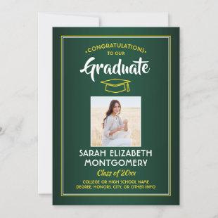 1 Photo Modern Green Gold Yellow White Graduation Invitation