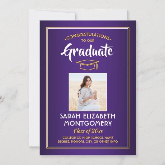 1 Photo Modern Purple Gold Yellow White Graduation Invitation