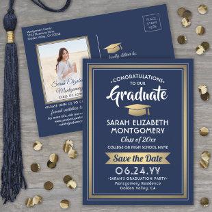 1 Photo Navy Blue & Gold Graduation Save the Date Announcement Postcard