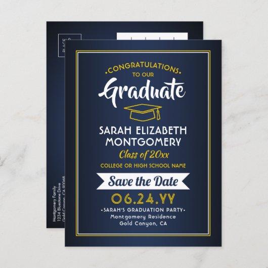 1 Photo Navy Blue & Gold Graduation Save the Date Announcement Postcard