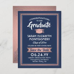 1 Photo Navy & Rose Gold Graduation Save the Date Announcement Postcard