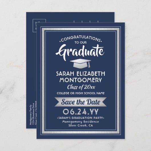 1 Photo Navy White Silver Graduation Save the Date Announcement Postcard