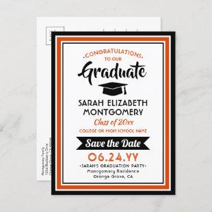 1 Photo Orange and Black Graduation Save the Date Announcement Postcard