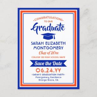 1 Photo Orange and Blue Graduation Save the Date Announcement Postcard