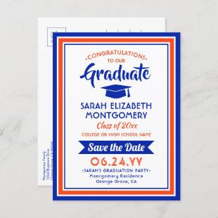 1 Photo Orange and Blue Graduation Save the Date Announcement Postcard