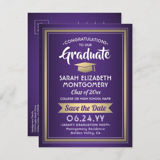 1 Photo Purple Gold White Graduation Save the Date Announcement Postcard